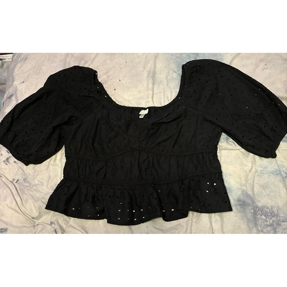 A New Day Women's Black Eyelet Crop Off‎ the Shoulder Peasant Top, XXL